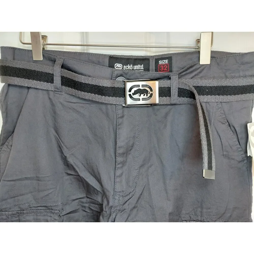 NWT Ecko Unltd Mens Belted Cargo Shorts Charcoal Grey 32 Cotton Twill Utility